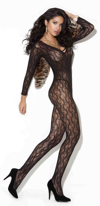Elegant Moments Women's Long Sleeve Lace Body Stocking With Open Crotch